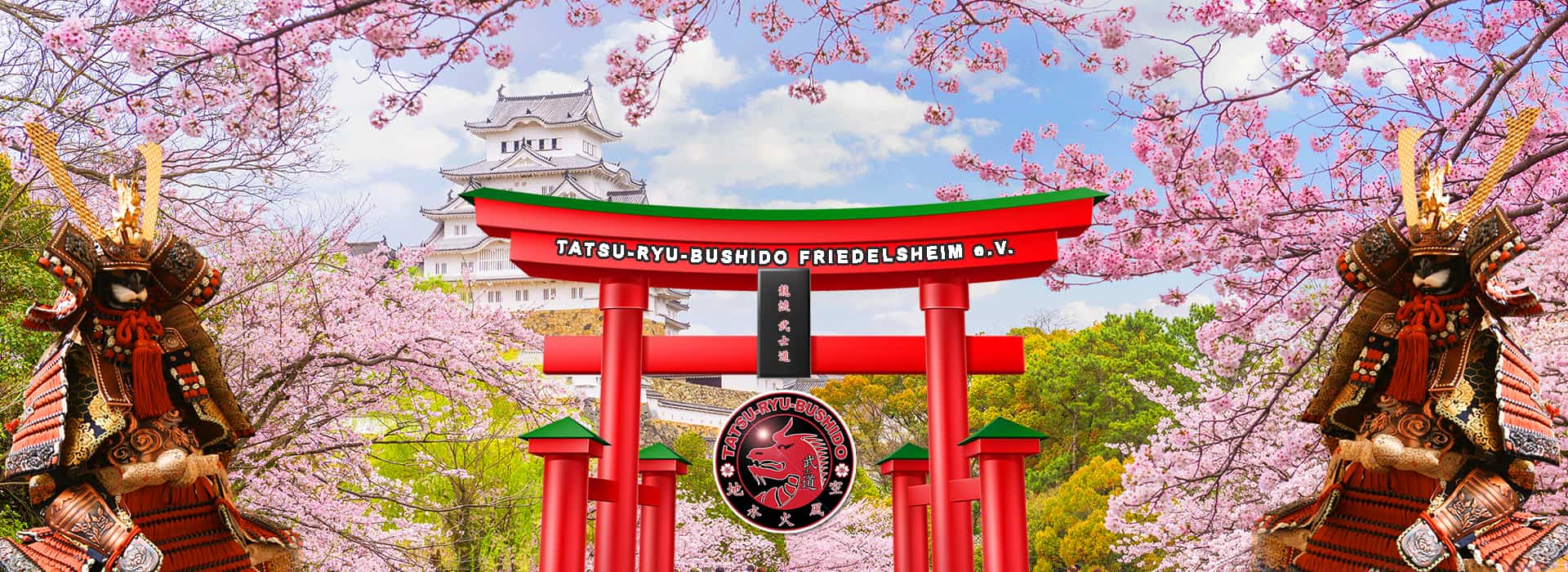 Homepage Banner Himeji, Samurai und japanischem Tor des Dojo Friedelsheim