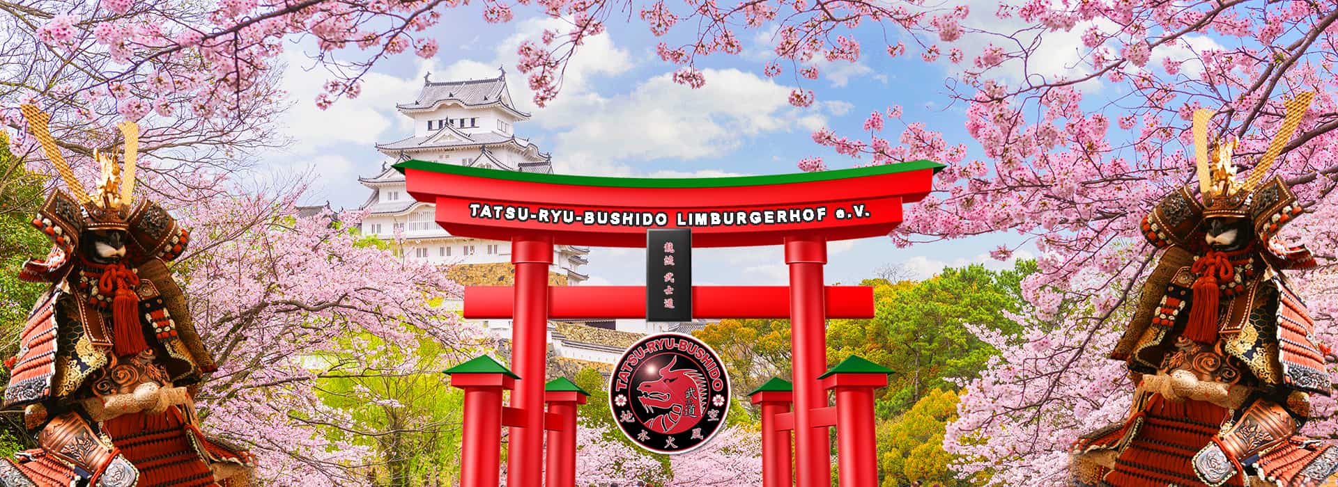 Homepage Banner Himeji, Samurai und japanischem Tor des Dojo Limburgerhof